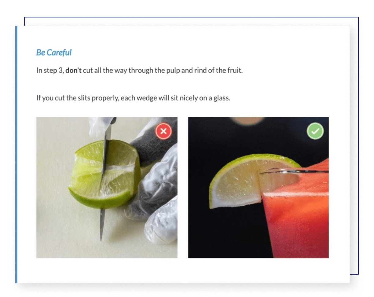 A course section labeled "Be Careful" with 2 images below it demonstrating the right and wrong way to cut a lime.