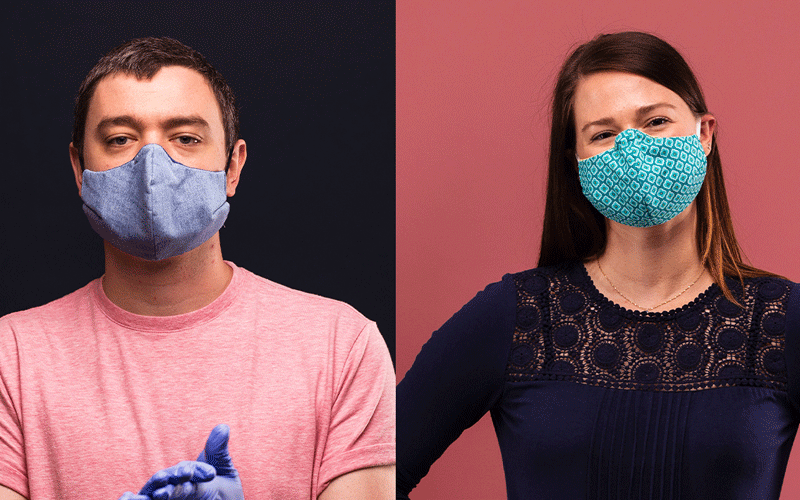 a photo of a man wearing a mask and gloves split next to a photo of a woman wearing a mask