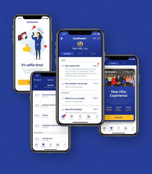 Multiple smartphones using an onboarding app for Southwest Airlines created by Maestro.
