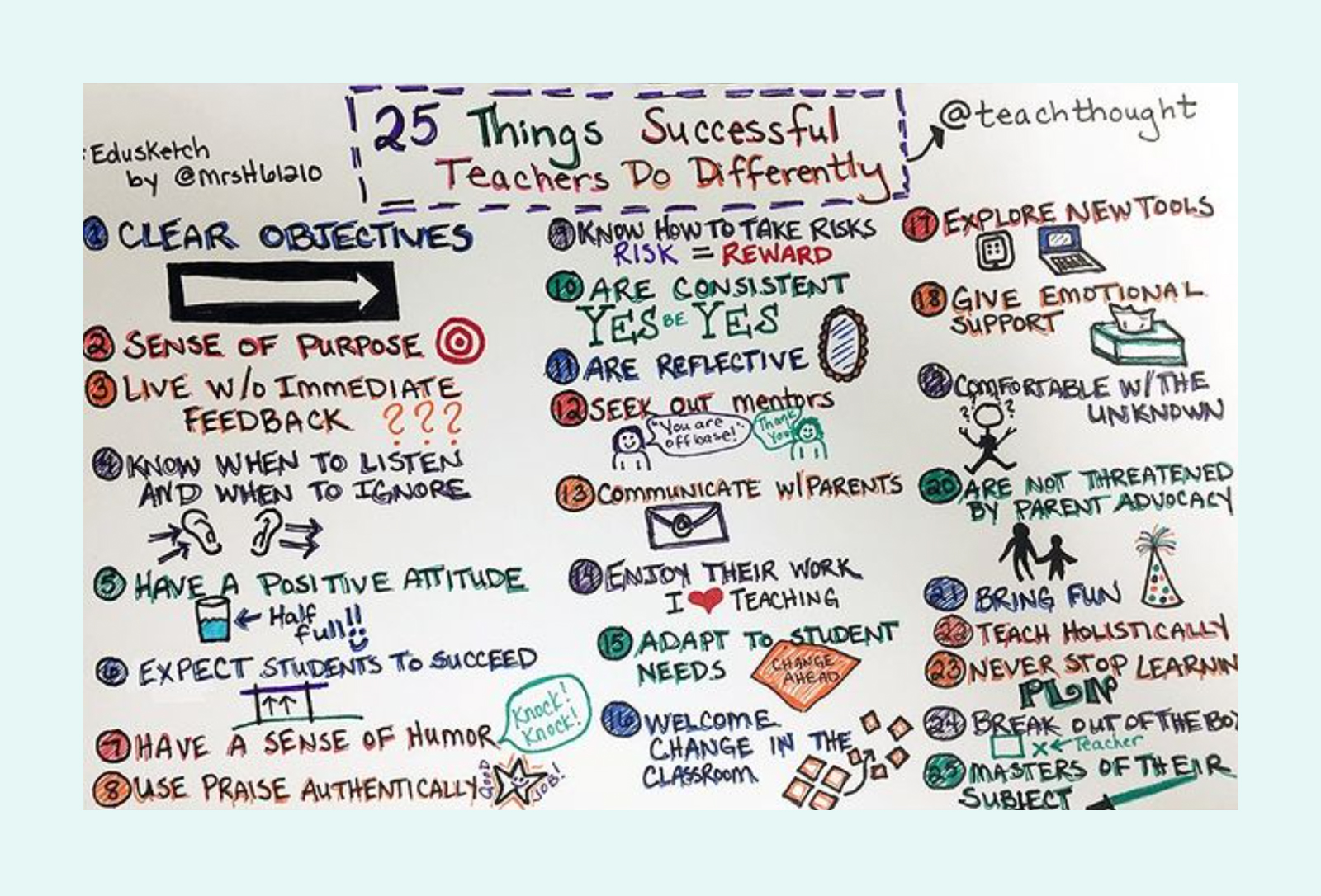 A handwritten list of 25 things successful teachers do differently in colorful dry erase markers on a whiteboard